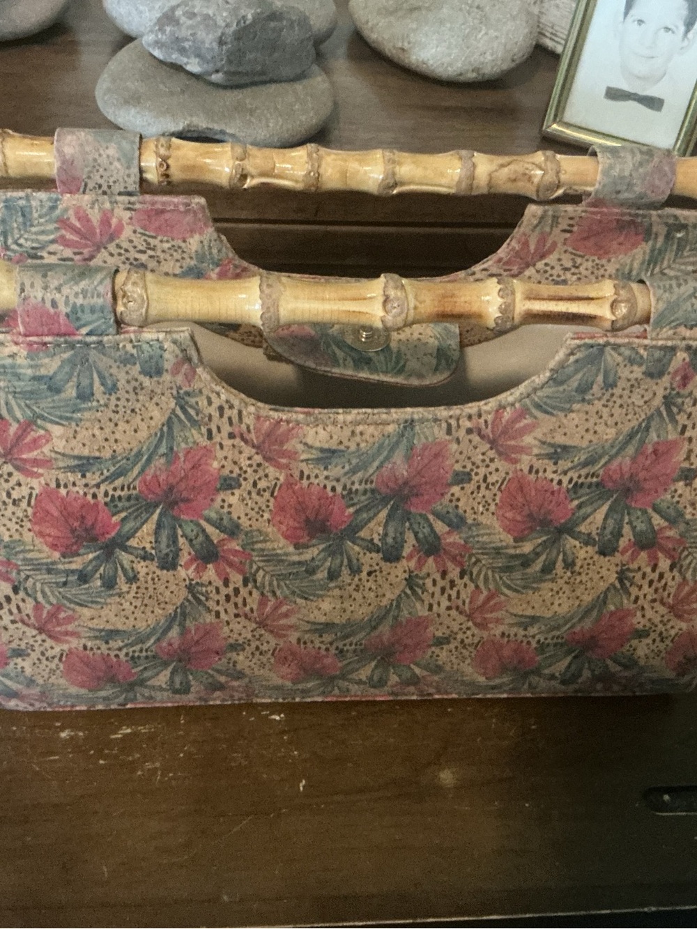 Floral Print Bamboo-Handle Tote Bag in Rose and Green